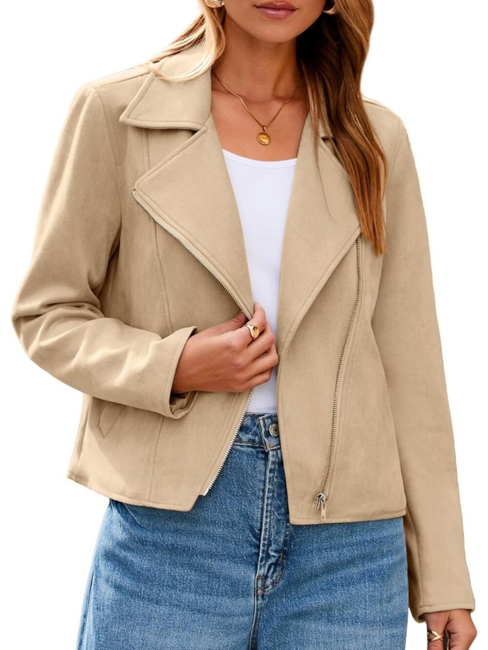 Women's Khaki Faux Suede Crop Asymmetric Zipper Long Sleeve Moto Bomber Jacket